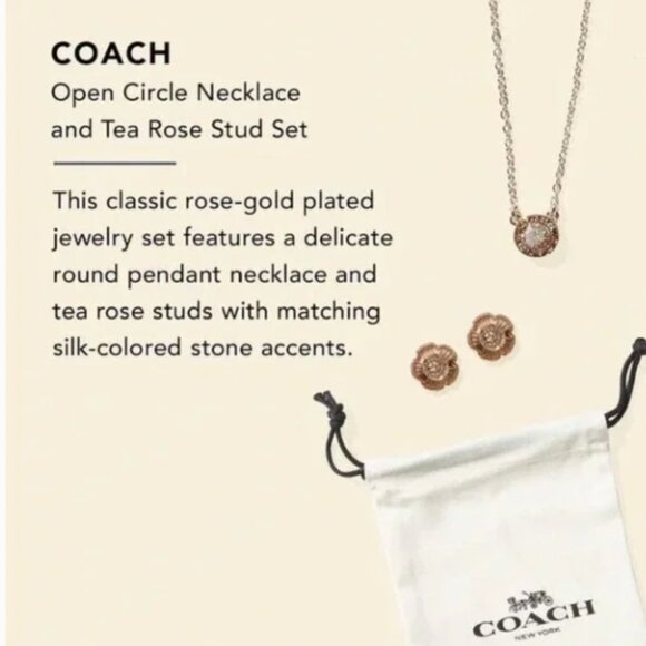 NWT - Coach Open‎ Circle Necklace Tea Rose Stud Earring Set - Picture 3 of 16
